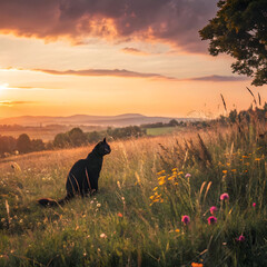 sunset meadow with black cat