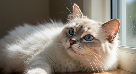 Elegant Birman cat with striking blue eyes relaxes near a sunlit window