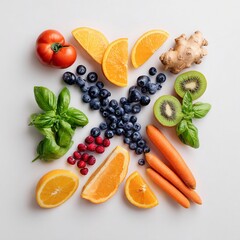 Fresh fruits vegetables flat lay healthy eating concept vibrant colors antioxidant rich food clean eating diet