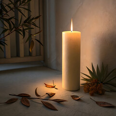 tall candle lit at the center