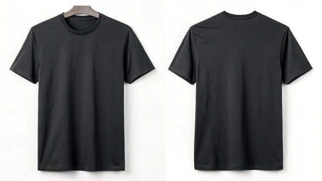 Front and back view of a black tshirt isolated on white background