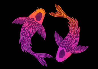 Obraz premium Two koi fish swimming together in a circular motion, illustration, close-up, vibrant colors, abstract background