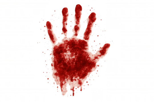 Bloody handprint creating a disturbing, scary symbol, concept of crime, violence, danger on transparent background