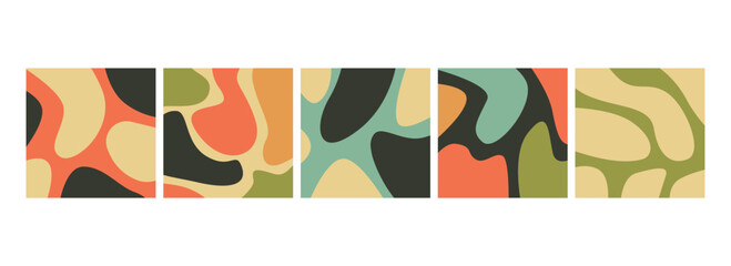 Abstract Geometric Pattern in Modern Vector Illustration. Five panels display organic shapes with a harmonious mix of orange, green, and brown hues.