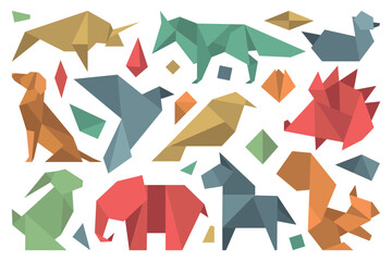 Geometric Animal Origami Vector Illustration Collection. Various animals such as birds, dogs, elephants, and more using polygonal shapes for creative design.