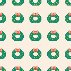 Pixel Art Christmas Wreath Seamless Pattern Vector Illustration. Ideal for holiday themed designs, digital projects, and festive decorations.