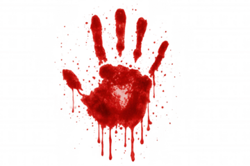 Red blood forming a handprint with dripping splatters on a transparent background, depicting a scary mark