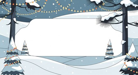 Winter Pixel Art Background with Snow Covered Trees and Festive Lights
