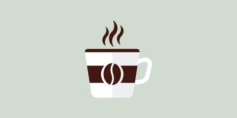 Hot coffee cup icon. Steaming mug with a coffee bean logo. Flat vector symbol for a cafe, break time, or hot morning beverage like espresso.
