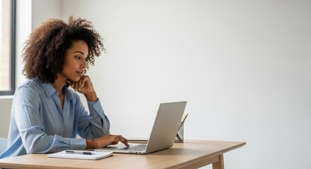 Focused Young Black Woman Studying or Working Online on Laptop.