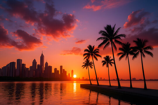 Beautiful tropical sunset with city skyline and palm trees reflecting on calm ocean water, modern coastal landscape with warm orange light..