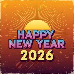 Vibrant happy new year 2026 greeting with retro sunburst design