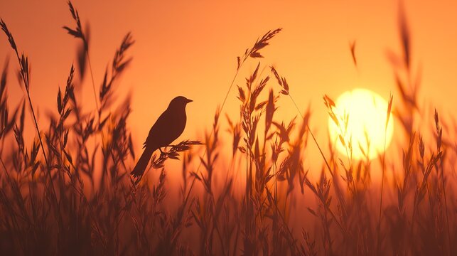 A solitary bird perched peacefully among the tall golden grasses at sunset finding solace in the quiet beauty of nature