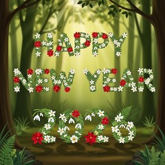 Happy new year floral arrangement in a lush forest setting