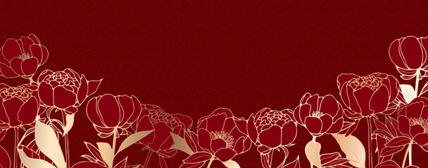 Luxury oriental flower background vector. Elegant peony flowers and leaves golden line art on red background.  © Лилия Агапова