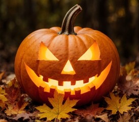 Glowing carved Halloween pumpkin with a spooky face on autumn leaves. Traditional jack o lantern symbol of Halloween celebration and autumn holiday atmosphere.