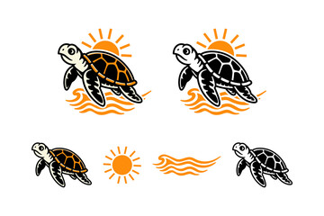 marine turtle with sun and waves modern logo design set for marine, aquatic, nautical, adventure and outdoor. ocean, sea, tropical and swimming turtle vector illustration in colorful and outline style