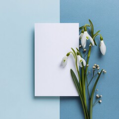 Snowdrop flower blank card mockup on blue background for spring design and creative floral invitation