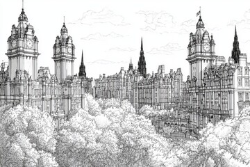 Fototapeta premium A detailed line art coloring page, the Edinburgh Skyline Coloring Page, showcases the city's iconic skyline, complete with notable buildings, a prominent castle, and streets lined with trees,
