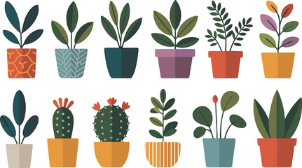 Stylized potted plant collection, colorful foliage and pot designs, leafy greens and cactus mix, decorative indoor greenery, botanical illustration asset