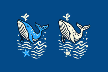 whale jumping in ocean waves with starfish and splash modern logo design set for marine, aquatic, adventure and outdoor. humpback blue whale, sea mammal, ocean whale. vector illustration