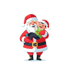 Obraz premium Cheerful Santa Claus Holding Young Boy in Festive Red and Green Outfit on White
