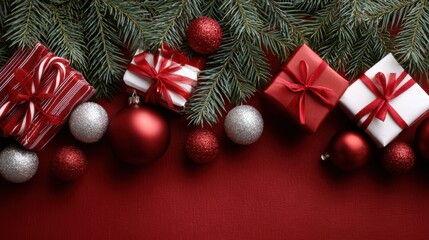 Festive Holiday Gifts, Spruce Branch, Red Background