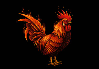 Fototapeta premium Fiery Rooster Illustration with Detailed Feathers and Comb.