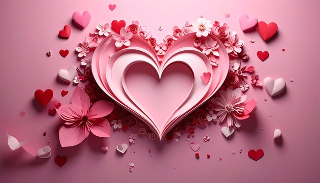 Romantic layered paper heart design with floating hearts and flowers