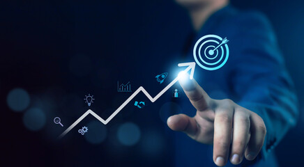 Businessman pointing at growth arrow with target icon, concept of business success, marketing strategy, financial growth, performance improvement, and goal achievement goals, strategy, success,