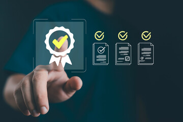 Business person touching virtual certification icon, concept of quality assurance, document approval, compliance management, verified process, and trusted digital business system.