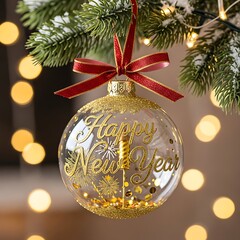 Clear glass christmas ornament with happy new year message and gold glitter