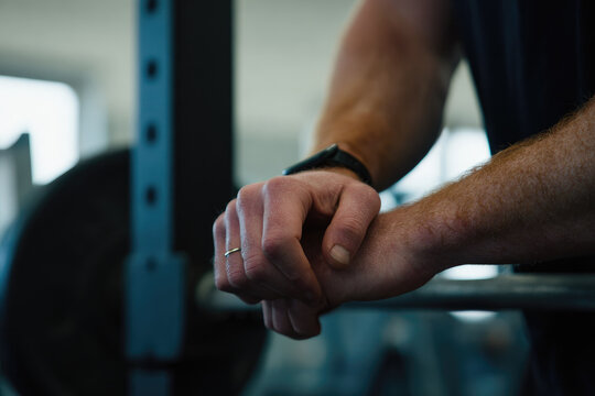 Hand adjusting fitness tracker during weight training muscular arm gym environment focus motivation strength technology health exercise determination - Powered by Adobe