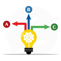 Vector illustration of a light bulb with three colorful arrows labeled A, B, and C symbolizing decision making, direction choice, innovation, and business strategy planning concept