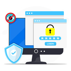 Cyber security showing computer monitor, password login form, padlock icon, privacy shield, and eye restriction symbol for online data protection and secure access.