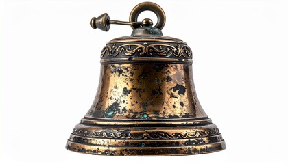Fototapeta premium Antique bronze or brass bell with decorative etching and aged patina on plain background for editorial heritage craftsmanship ceremonial object and cultural symbolism-themed visuals