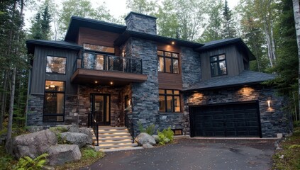 Modern Luxury Stone and Wood House in a Forest Setting.