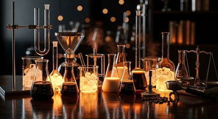 Illuminated Chemistry Lab - Beakers, Flasks, and Scientific Equipment.