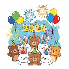 Cute cartoon animals celebrate the new year 2026 with fireworks and balloons