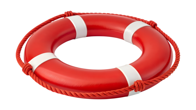 This essential red and white lifebuoy with a sturdy rope is ready for water rescue, presented as a transparent png isolated item.