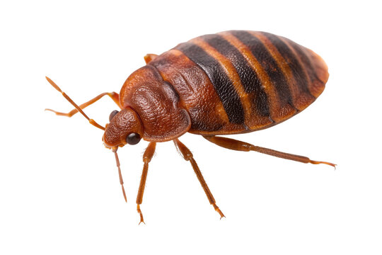 A brown bed bug shows its striped body and many legs, standing isolated on a transparent png background.