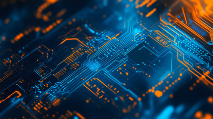 Vivid abstract digital background showcasing glowing lines and circuits in deep blue and orange tones within a technological environment