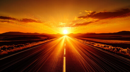 Sunset road stretches ahead revealing vivid colors and glowing sparks in the horizon