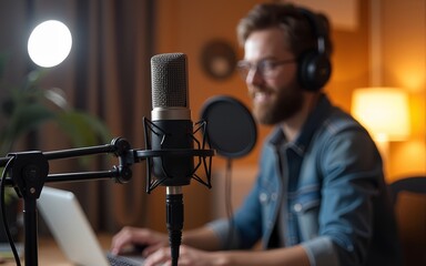 Condenser microphone in recording home studio. Content creator working with laptop host streaming radio podcast interview conversation at home broadcast studio recording voice over radio