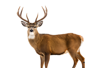 A majestic wild deer buck with impressive antlers stands calmly, looking forward on a clean transparent isolated background, ideal for png.