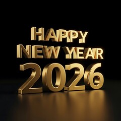 Golden happy new year 2026 text on black background with reflection