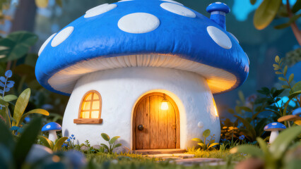 Whimsical Cartoon Blue Mushroom House