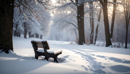 Snowy park scene featuring a park bench