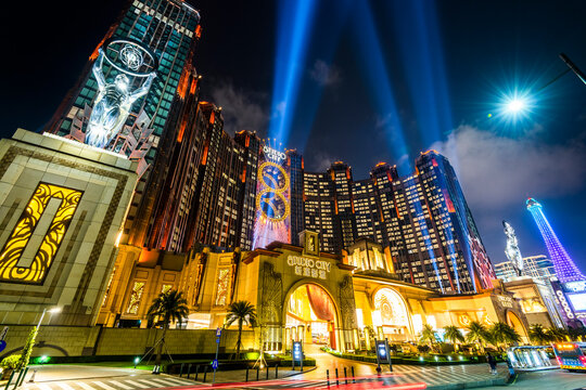 Macau- September 25, 2019: Beautiful night view of Studio City is a hotel casino resort on the Cotai Strip in Macau, China, a Hollywood studio-themed leisure resort.