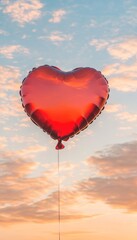 Obraz premium Red Heart Shaped Balloon Floating Against a Dreamy Sunset Sky, Celebrating Love and Joyful Moments